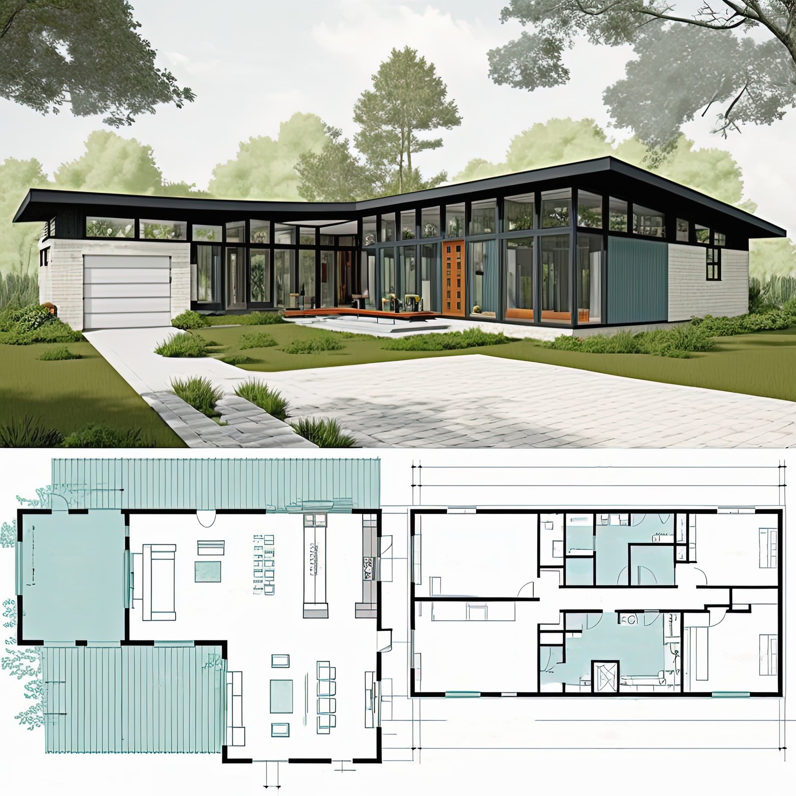 Mid century modern house plan. Residential villa exterior view and blueprint. Generative AI