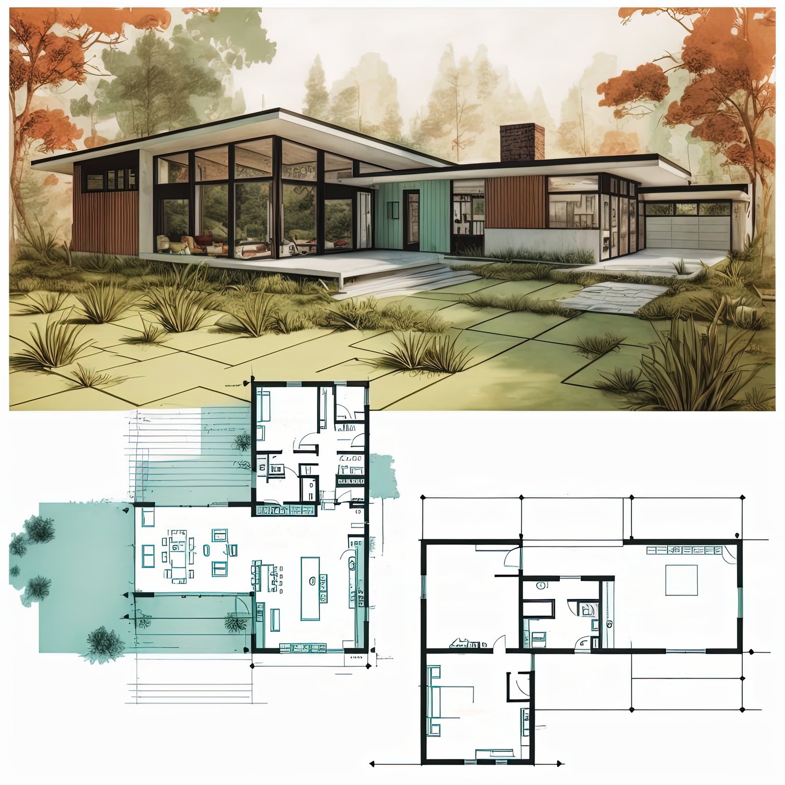 Mid century modern house plan. Residential villa exterior view and blueprint. Generative AI