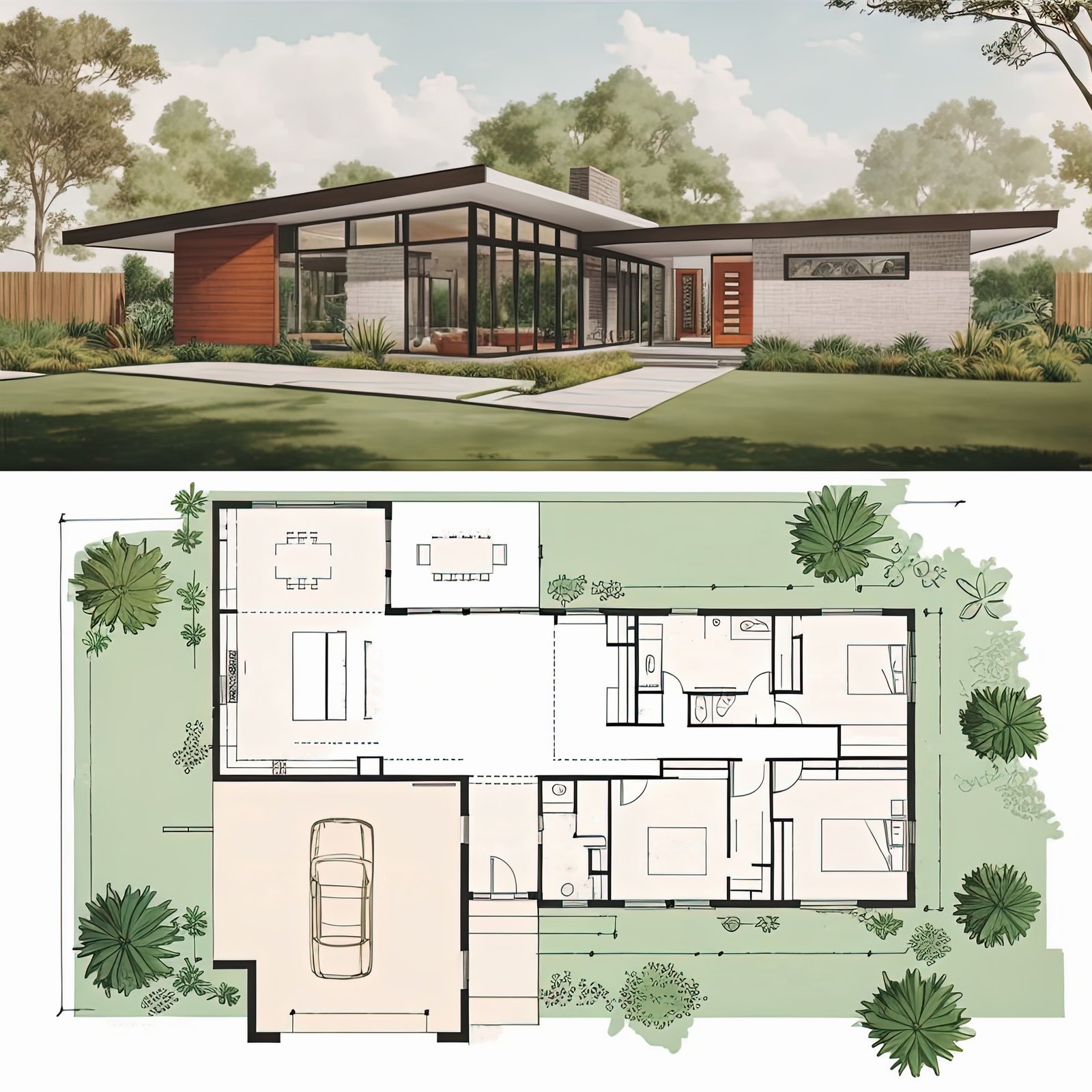 Mid century modern house plan. Residential villa exterior view and blueprint. Generative AI